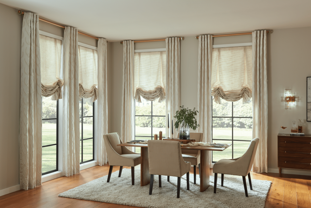 back tab drapery and roman shades